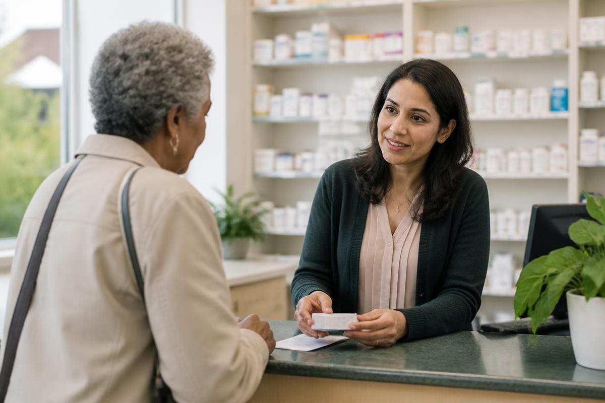 Pharmacist speaking with a customer across the pharmacy counter
