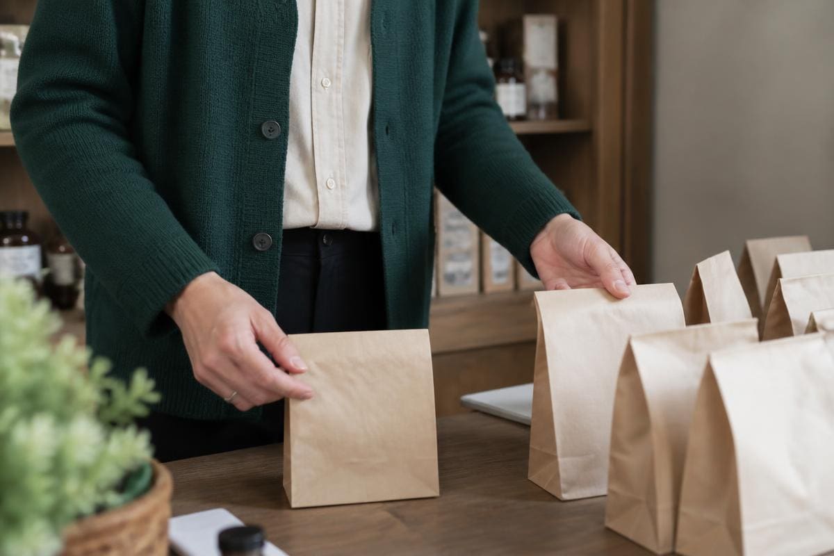 Pharmacy team member preparing prescription bags on a wooden counter