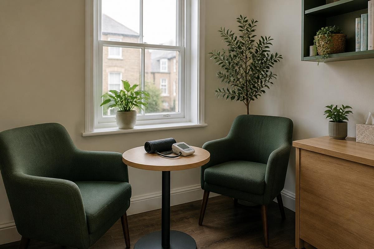 Calm private consultation room with two green armchairs at Murrays Chemist